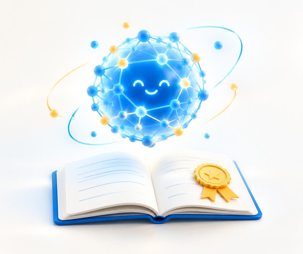 Friendly AI sphere above an open book with a certificate seal